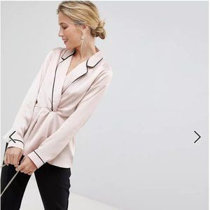 ASOS DESIGN long sleeve plunge knot front satin top